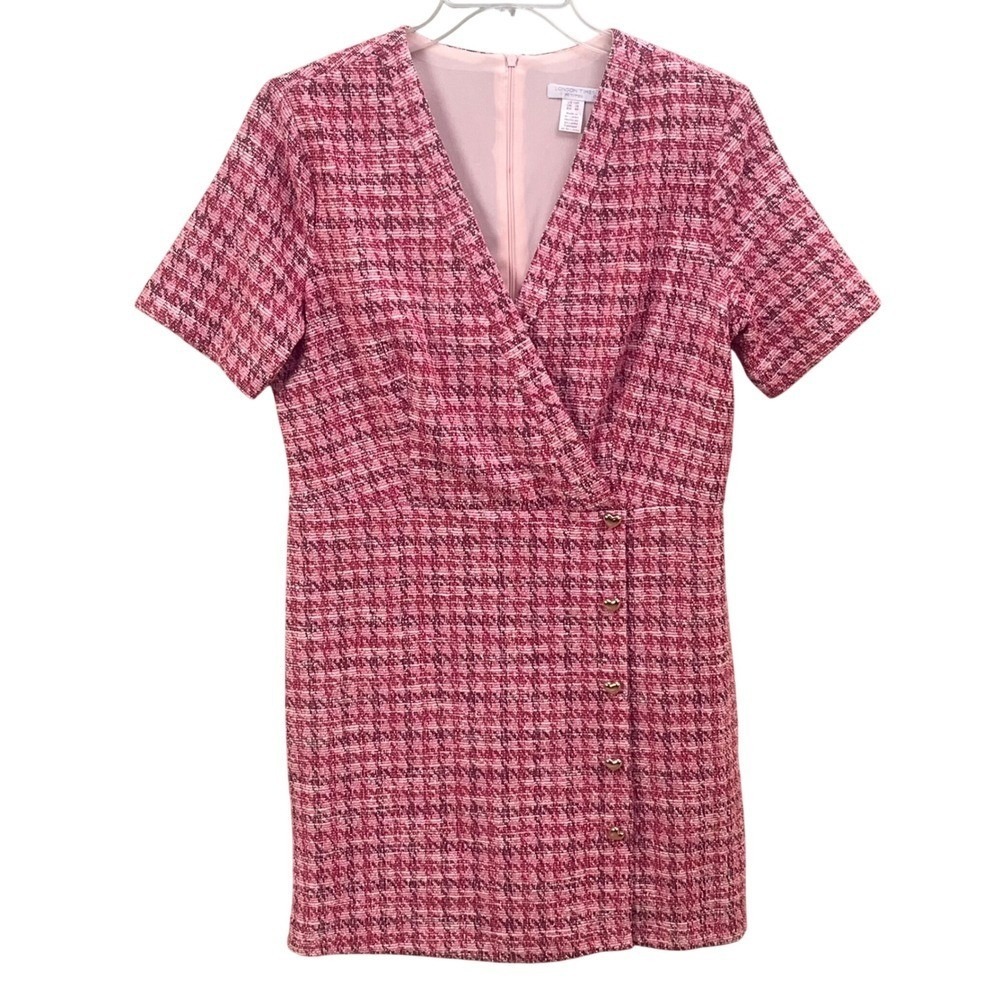 London Times Petites Pink Tweed Faux Wrap‎ Dress Heart Buttons Preppy 14 P NWT